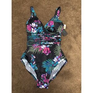 Aqua Green Tropical Floral V Neck Ruched One Piece Swimsuit Women's Medium NWT‎